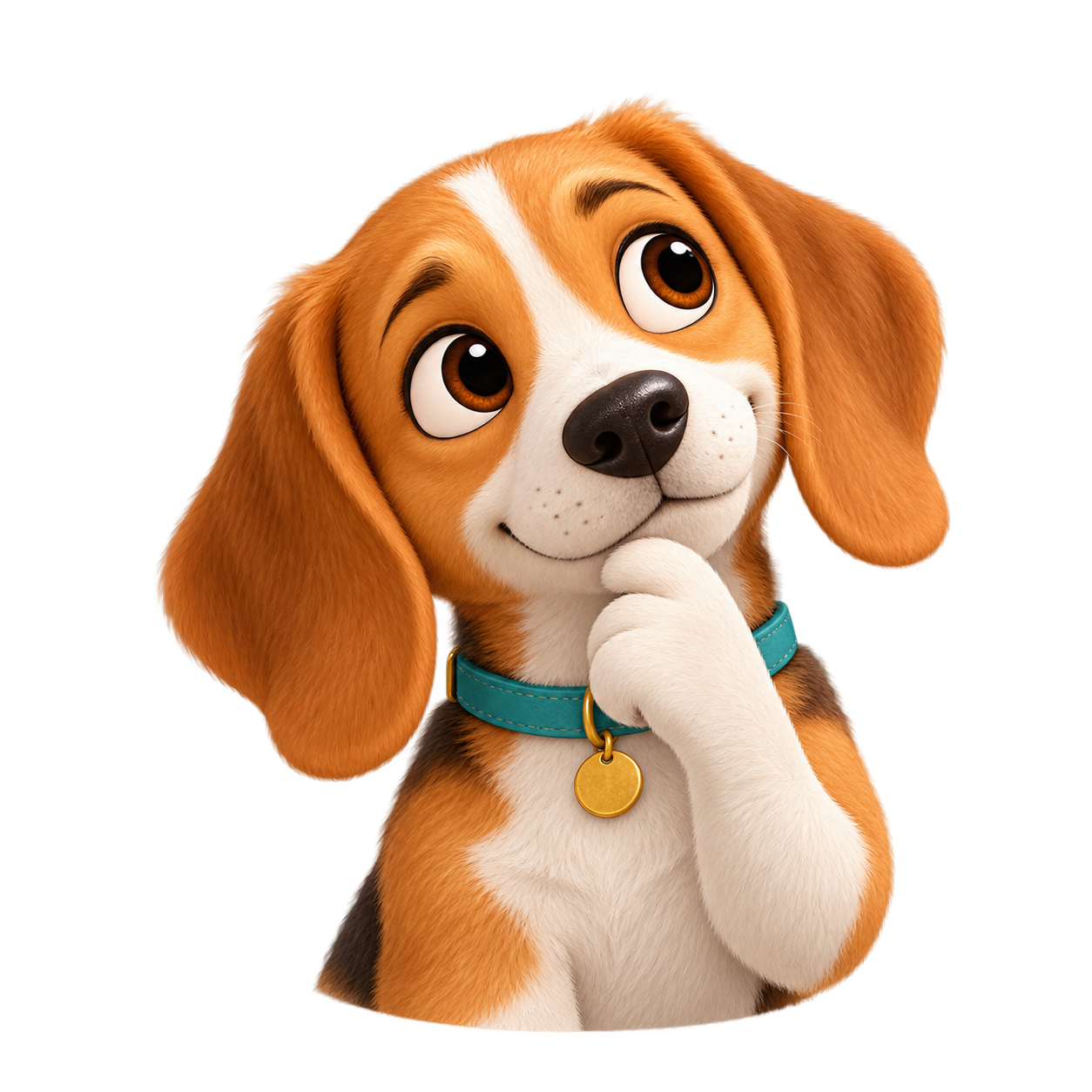 A thoughtful Beagle with one paw on his chin