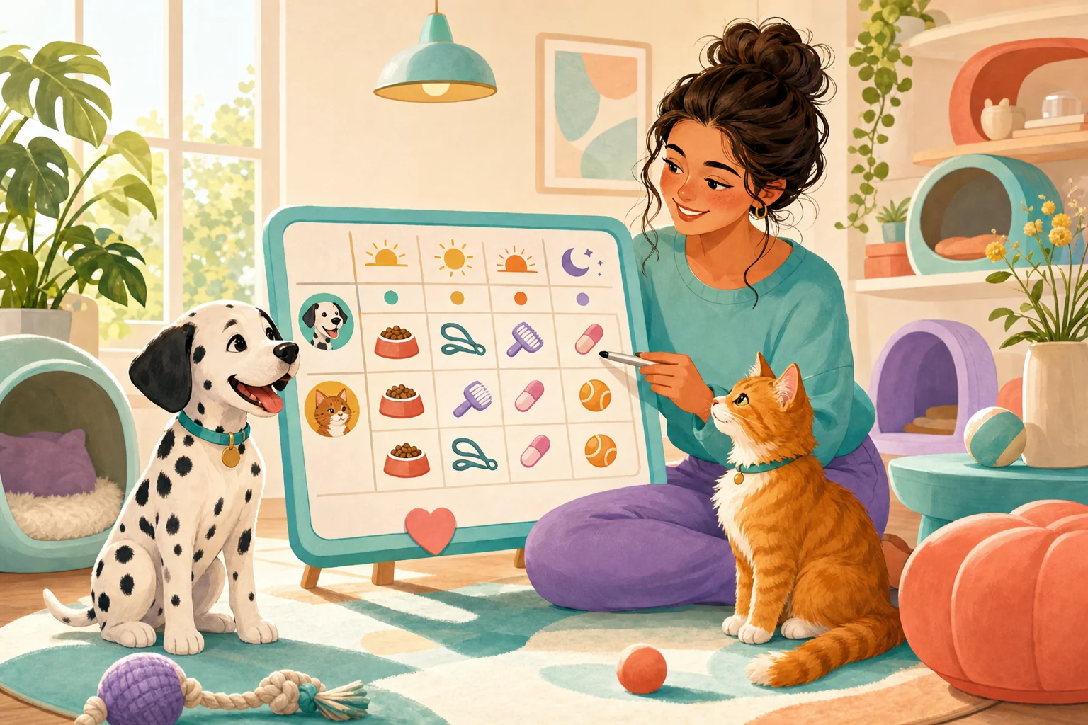 A pet parent planning daily routines with PawQi's dog and cat