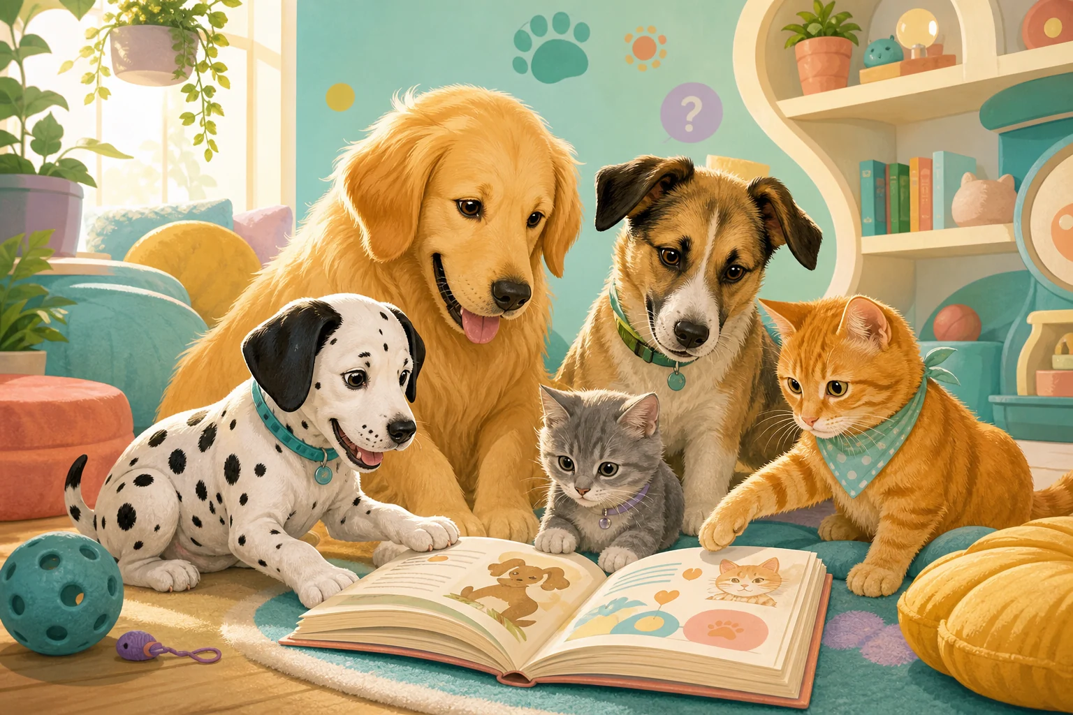 A curious group of PawQi dogs and cats gathered around a storybook