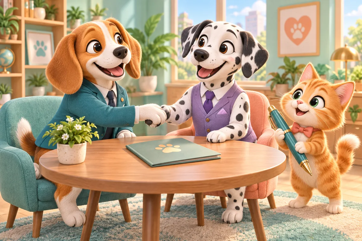 A Beagle and Dalmatian in smart outfits shake paws while a kitten brings a pen